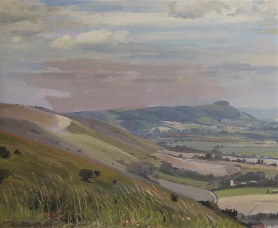 John Deller, oil on board, view along the South Downs, signed and dated 60 50 x 60cm